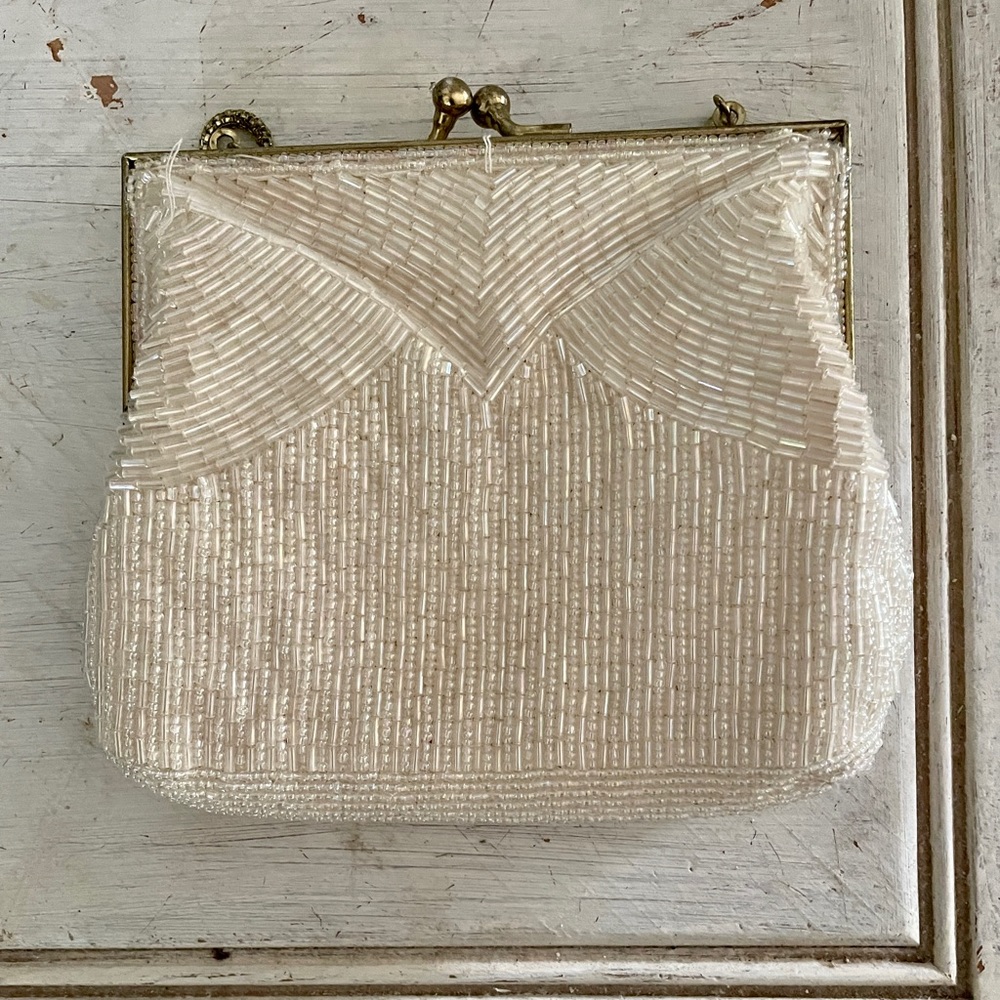Vintage Cream Beaded Clutch Elegant Evening Bag - Picture 3 of 9